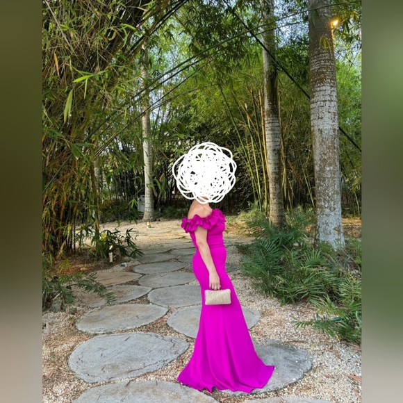 Xscape long crepe over the shoulder ruffle gown - Picture 3 of 3